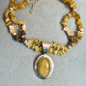 Mine Finds by Jay King Honey Yellow Lace Opal Agate Pendant w/Vintage Necklace